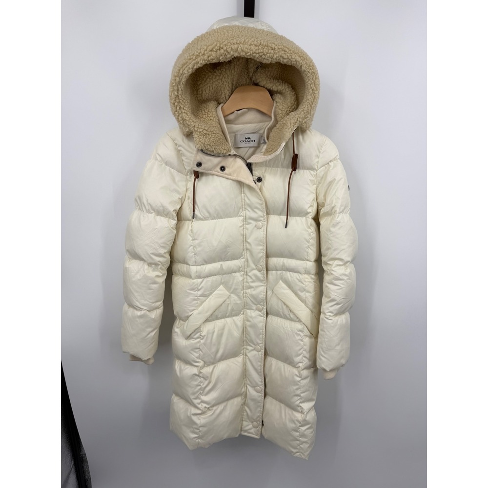 Coach F34128 Long Puffer Jacket Womens XS Cream White Down Faux Shearling Hood